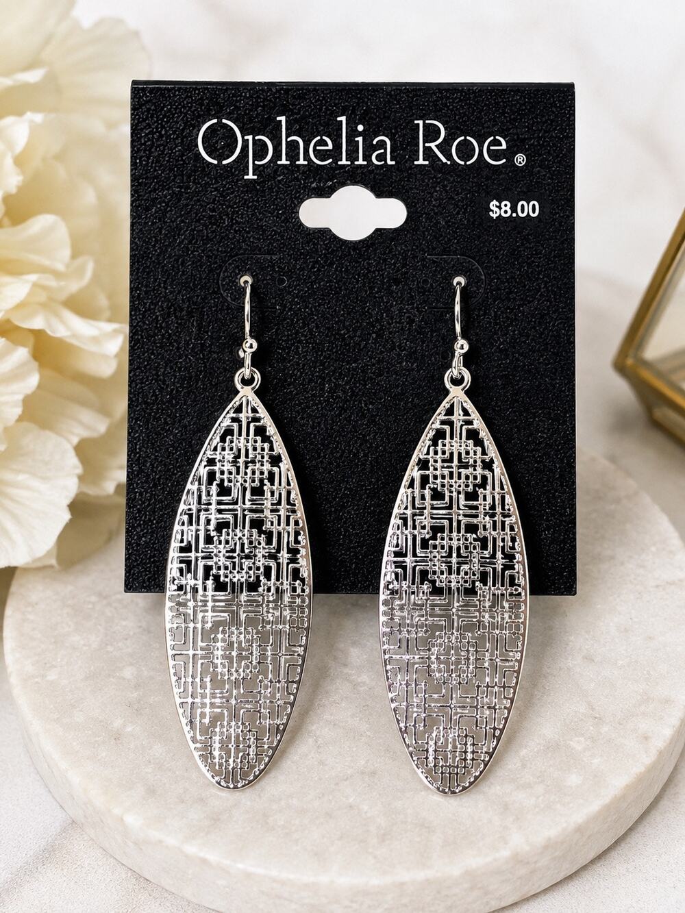 NWT Ophelia Roe Silver Tone Geometric Cutout Teardrop Dangle Earrings